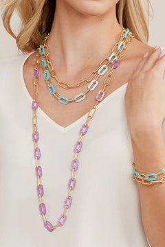 Marbled Resin and Paperclip Long Necklace - Lush Lemon - Women&