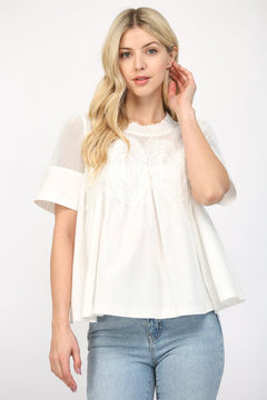 Mesh Appliqué Cotton Top - Lush Lemon - Women&