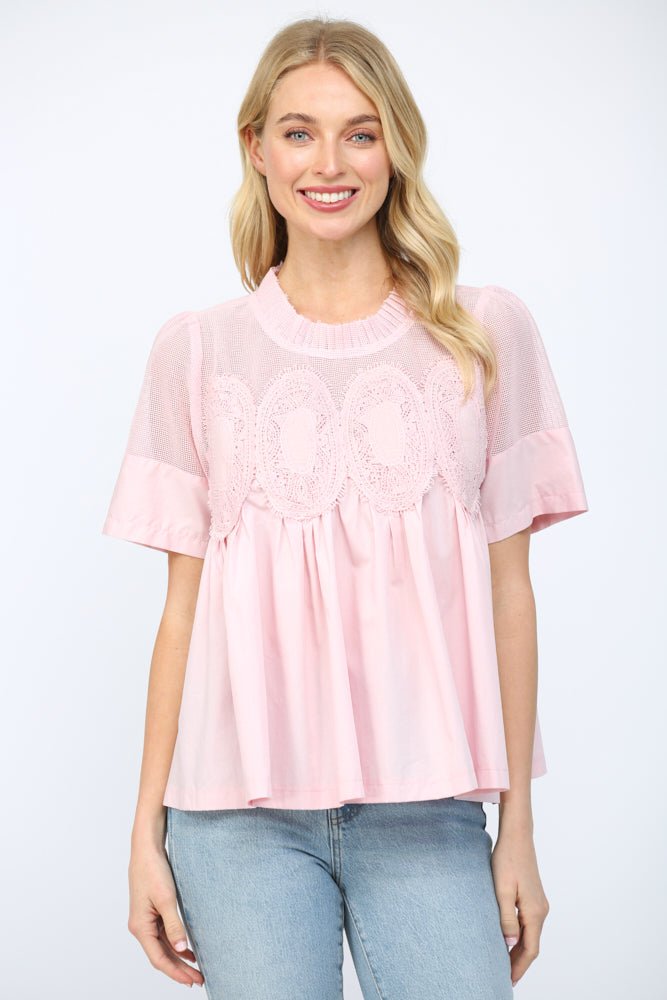 Mesh Appliqué Cotton Top - Lush Lemon - Women's Clothing - Fate By LFD - 