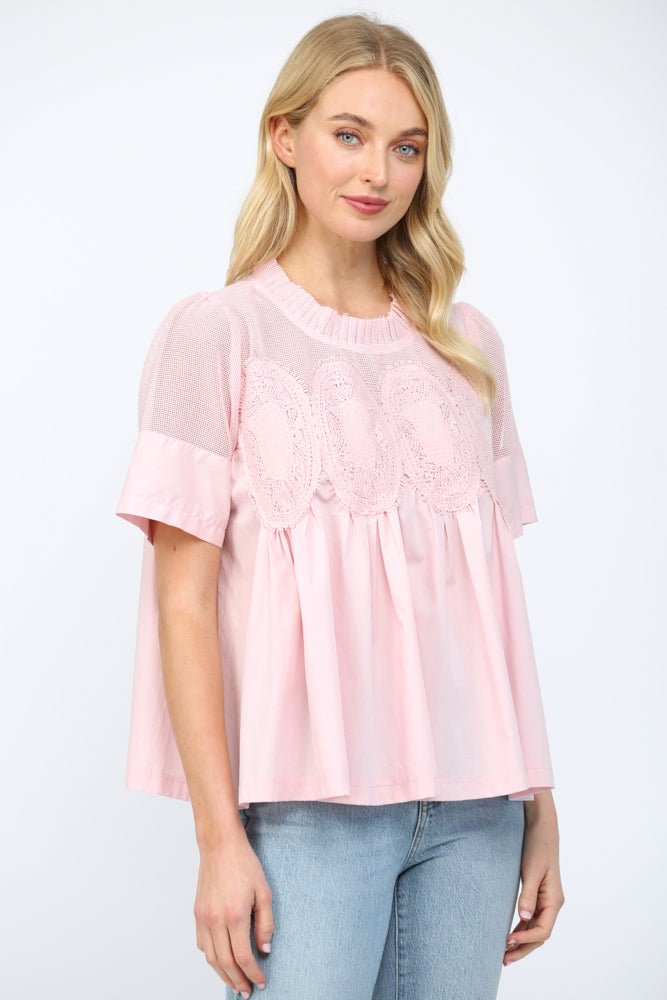 Mesh Appliqué Cotton Top - Lush Lemon - Women's Clothing - Fate By LFD - 