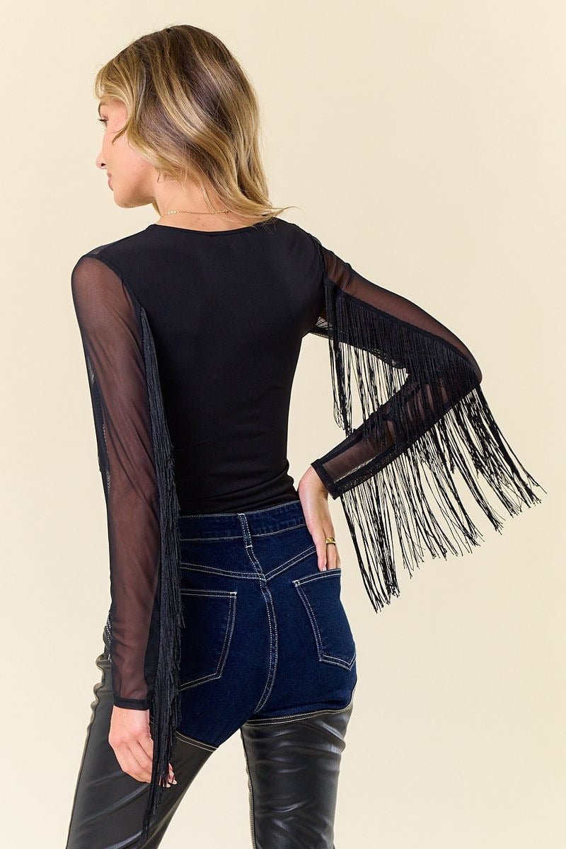 Mesh Fringe Long Sleeve Top - Lush Lemon - Women's Clothing - Saints & Hearts - 37379441076061