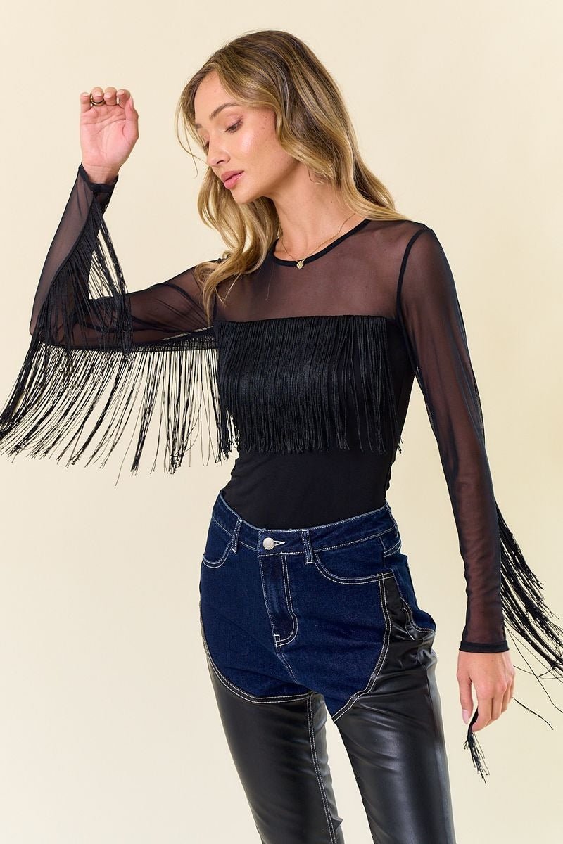 Mesh Fringe Long Sleeve Top - Lush Lemon - Women's Clothing - Saints & Hearts - 37379441076061