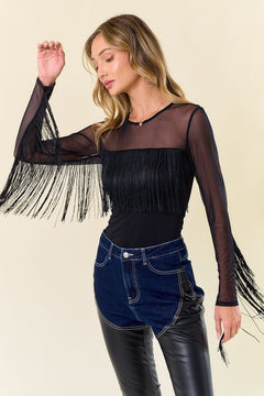 Mesh Fringe Long Sleeve Top - Lush Lemon - Women&