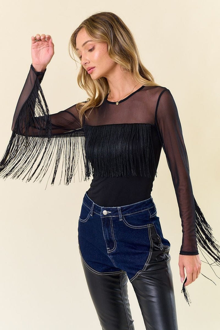 Mesh Fringe Long Sleeve Top - Lush Lemon - Women's Clothing - Saints & Hearts - 37379441076061