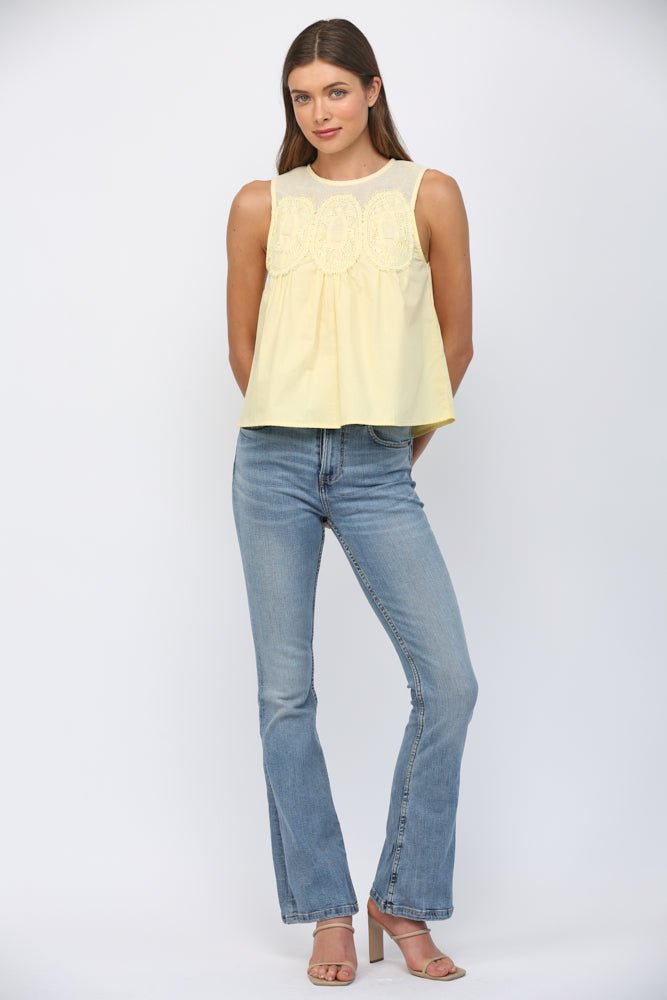 Mesh Yoke Lace Trim Top - Lush Lemon - Women's Clothing - Fate By LFD - 89921001048957