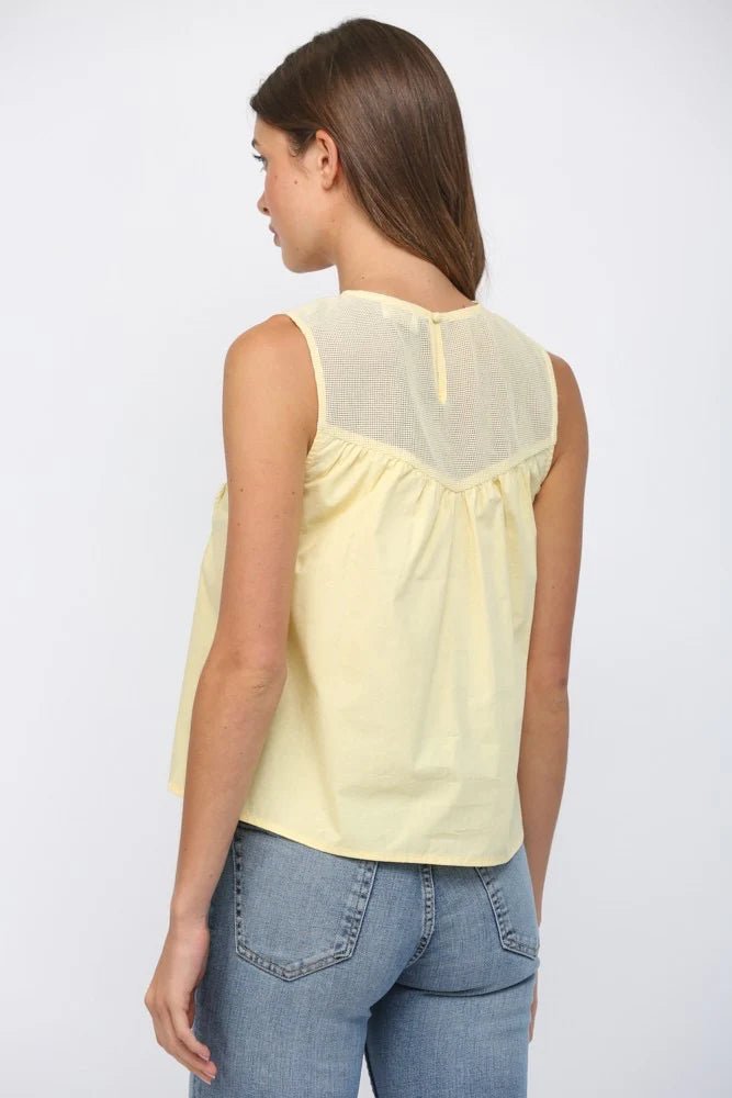 Mesh Yoke Lace Trim Top - Lush Lemon - Women's Clothing - Fate By LFD - 89921001048957