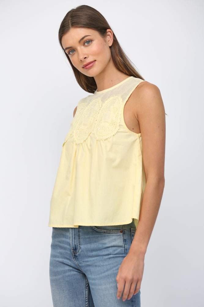 Mesh Yoke Lace Trim Top - Lush Lemon - Women's Clothing - Fate By LFD - 89921001048957