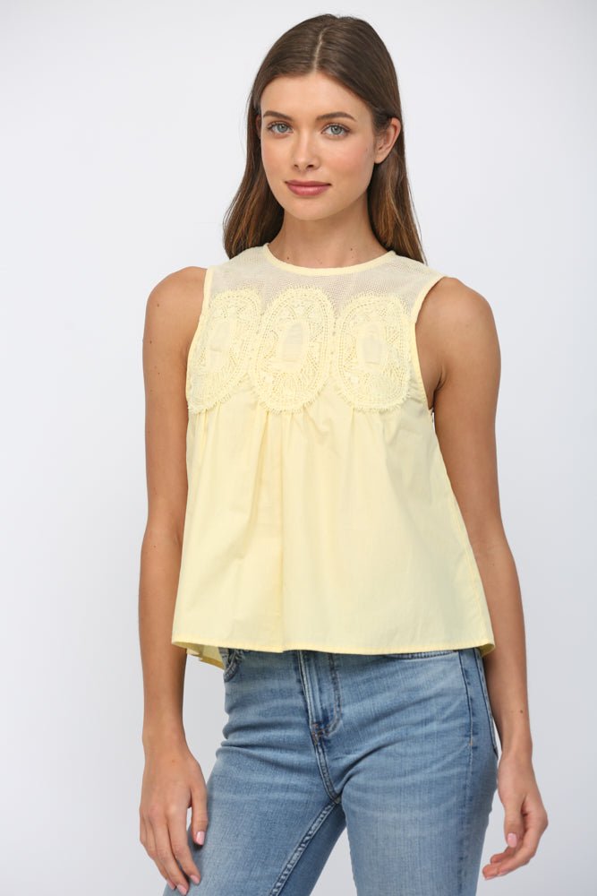 Mesh Yoke Lace Trim Top - Lush Lemon - Women's Clothing - Fate By LFD - 89921001048957