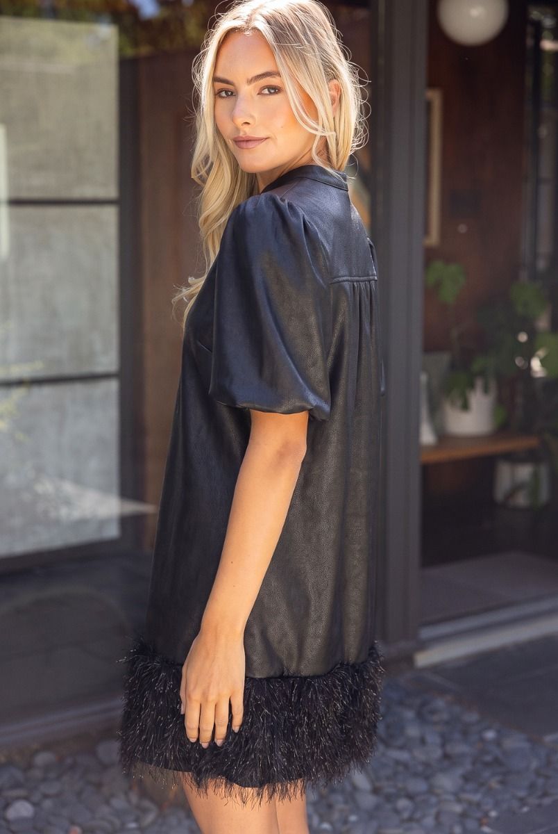 Metallic Feather Fringe Faux Leather Dress - Lush Lemon - Women's Clothing - Voy - 23209581032349