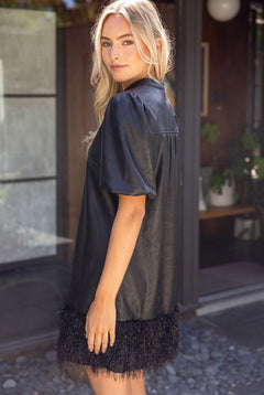 Metallic Feather Fringe Faux Leather Dress - Lush Lemon - Women&