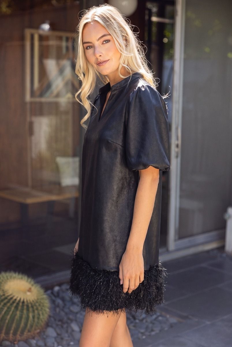 Metallic Feather Fringe Faux Leather Dress - Lush Lemon - Women's Clothing - Voy - 23209581032349