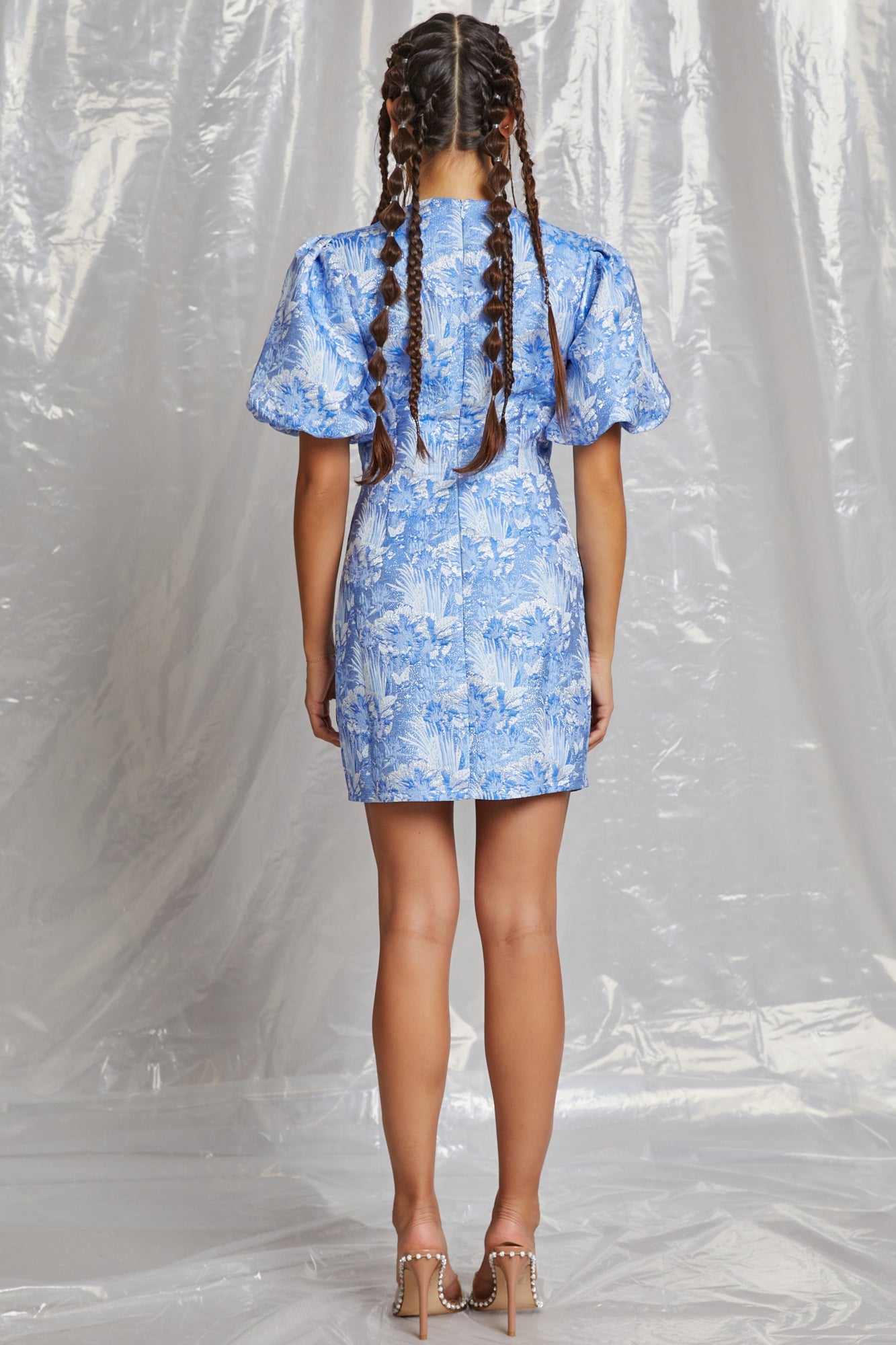 Metallic Jacquard Balloon Sleeve Mini Dress - Lena - Lush Lemon