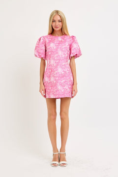 Metallic Jacquard Balloon Sleeve Mini Dress - Lush Lemon - Women&