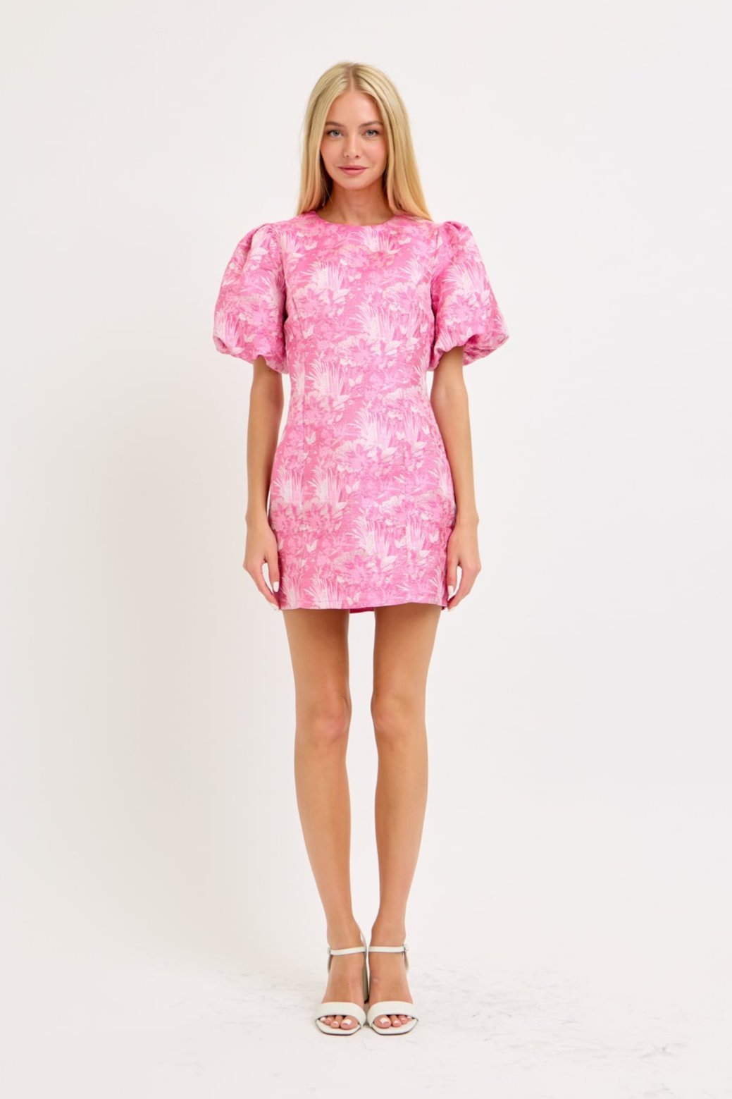 Metallic Jacquard Balloon Sleeve Mini Dress - Lena - Lush Lemon Metallic Jacquard Balloon Sleeve Mini Dress - Lena - Lush Lemon