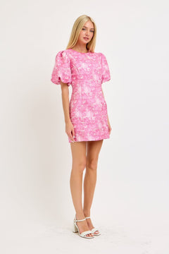 Metallic Jacquard Balloon Sleeve Mini Dress - Lush Lemon - Women&