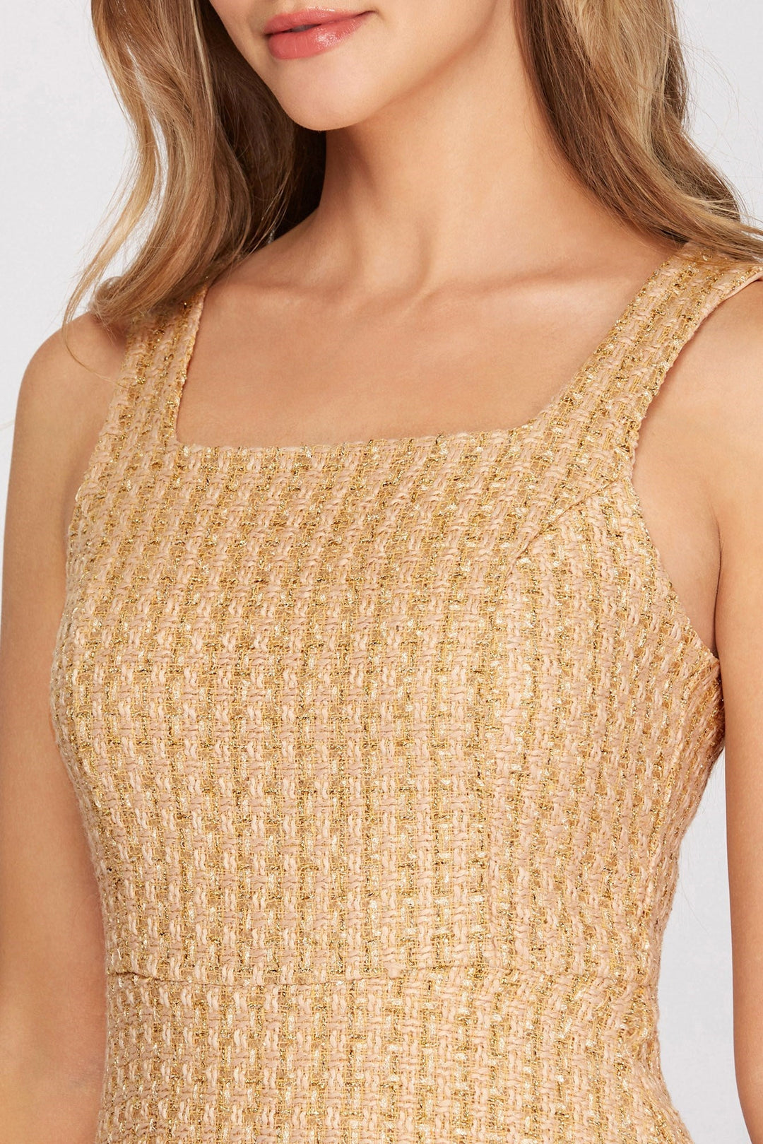 Metallic Tweed Fit & Flare Dress - Lush Lemon - Women's Clothing - She + Sky - 46424291048157