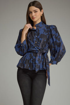 Midnight Floral Tie Waist Peplum Top - Lush Lemon - Women&