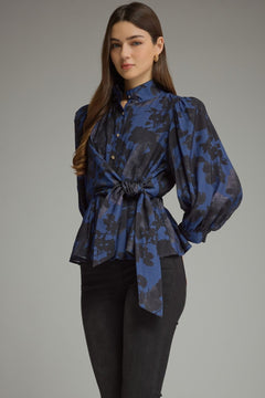 Midnight Floral Tie Waist Peplum Top - Lush Lemon - Women&