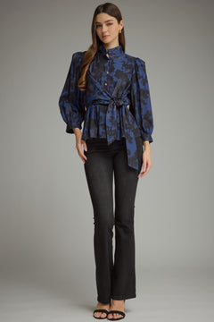 Midnight Floral Tie Waist Peplum Top - Lush Lemon - Women&