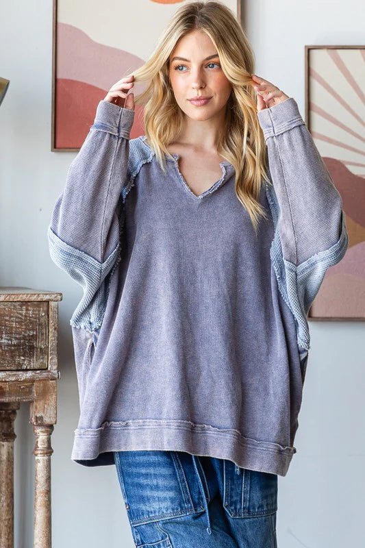 Mineral Wash Colorblock V Neck Pullover - Lush Lemon - Women's Clothing - Oli & Hali - 64988321045117