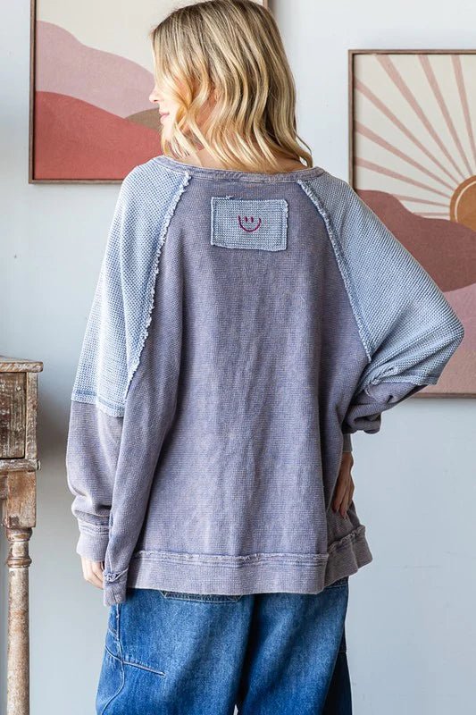 Mineral Wash Colorblock V Neck Pullover - Lush Lemon - Women's Clothing - Oli & Hali - 64988321045117