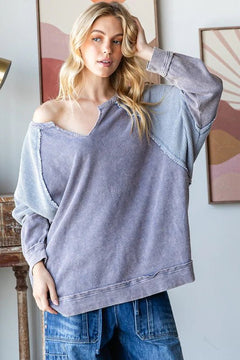 Mineral Wash Colorblock V Neck Pullover - Lush Lemon - Women&
