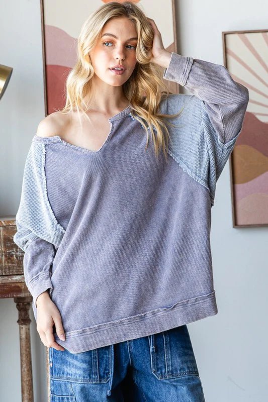 Mineral Wash Colorblock V Neck Pullover - Lush Lemon - Women's Clothing - Oli & Hali - 64988321045117
