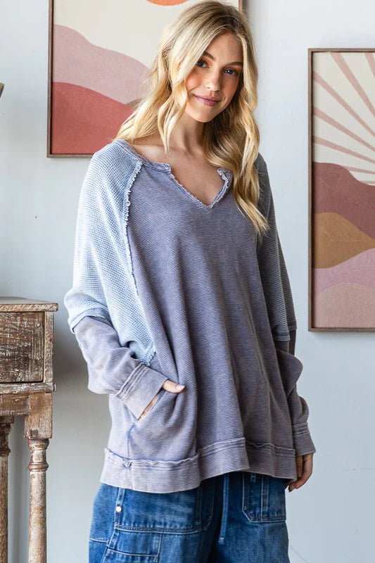 Mineral Wash Colorblock V Neck Pullover - Lush Lemon - Women's Clothing - Oli & Hali - 64988321045117