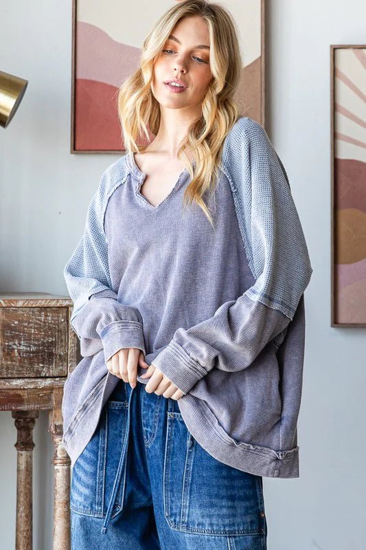 Mineral Wash Colorblock V Neck Pullover - Lush Lemon - Women's Clothing - Oli & Hali - 64988321045117
