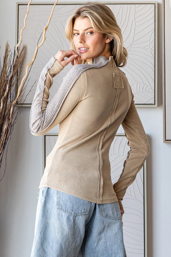 Mineral Wash Funnel Neck Waffle Top - Lush Lemon - Women's Clothing - Oli & Hali - 68638721006653