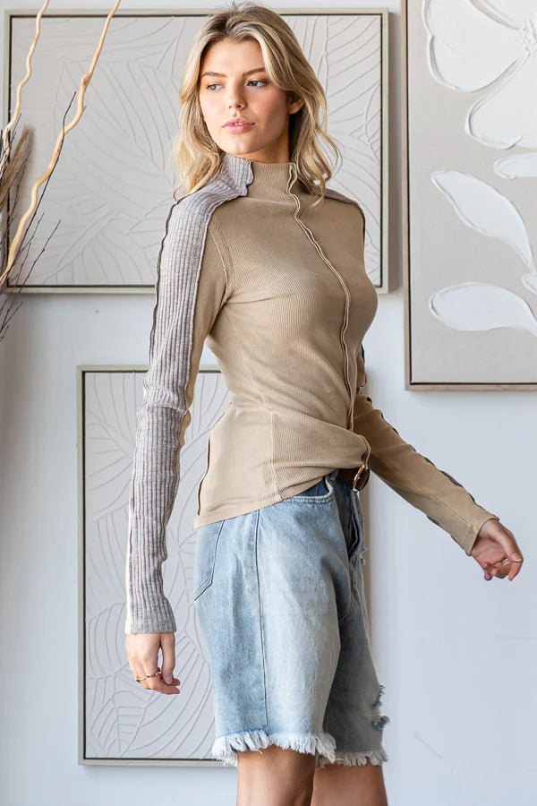 Mineral Wash Funnel Neck Waffle Top - Lush Lemon - Women's Clothing - Oli & Hali - 68638721006653