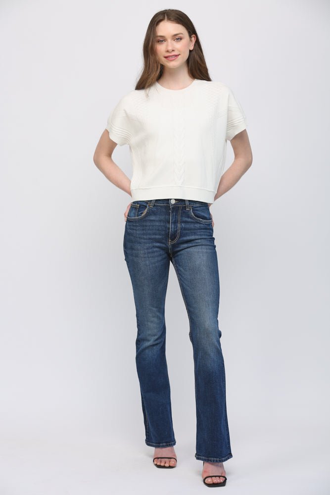 Mixed Knit Short Sleeve Sweater - Lush Lemon - Women's Clothing - Fate By LFD - 55089091066109