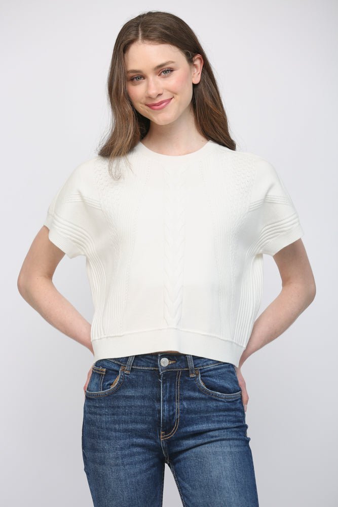 Mixed Knit Short Sleeve Sweater - Lush Lemon - Women's Clothing - Fate By LFD - 55089091066109
