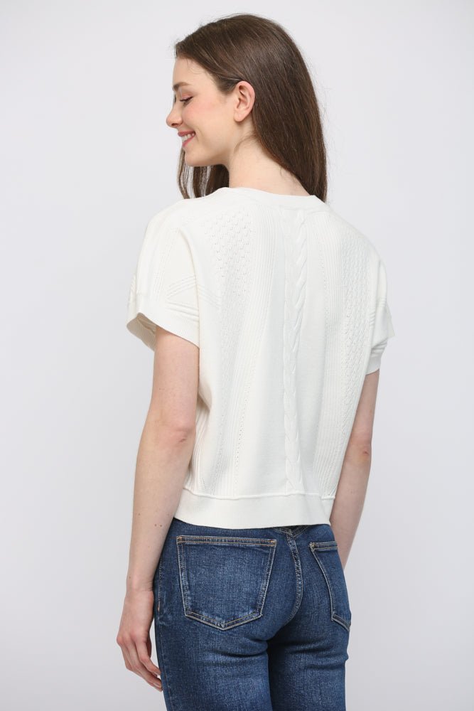 Mixed Knit Short Sleeve Sweater - Lush Lemon - Women's Clothing - Fate By LFD - 55089091066109