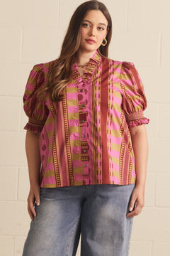 Mixed Print Ruffle Neck Top - Lush Lemon - Women&