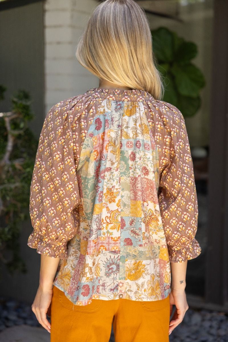 Mixed Print Ruffle Sleeve Raglan Top - Lush Lemon - Women's Clothing - Voy - 65217091035645