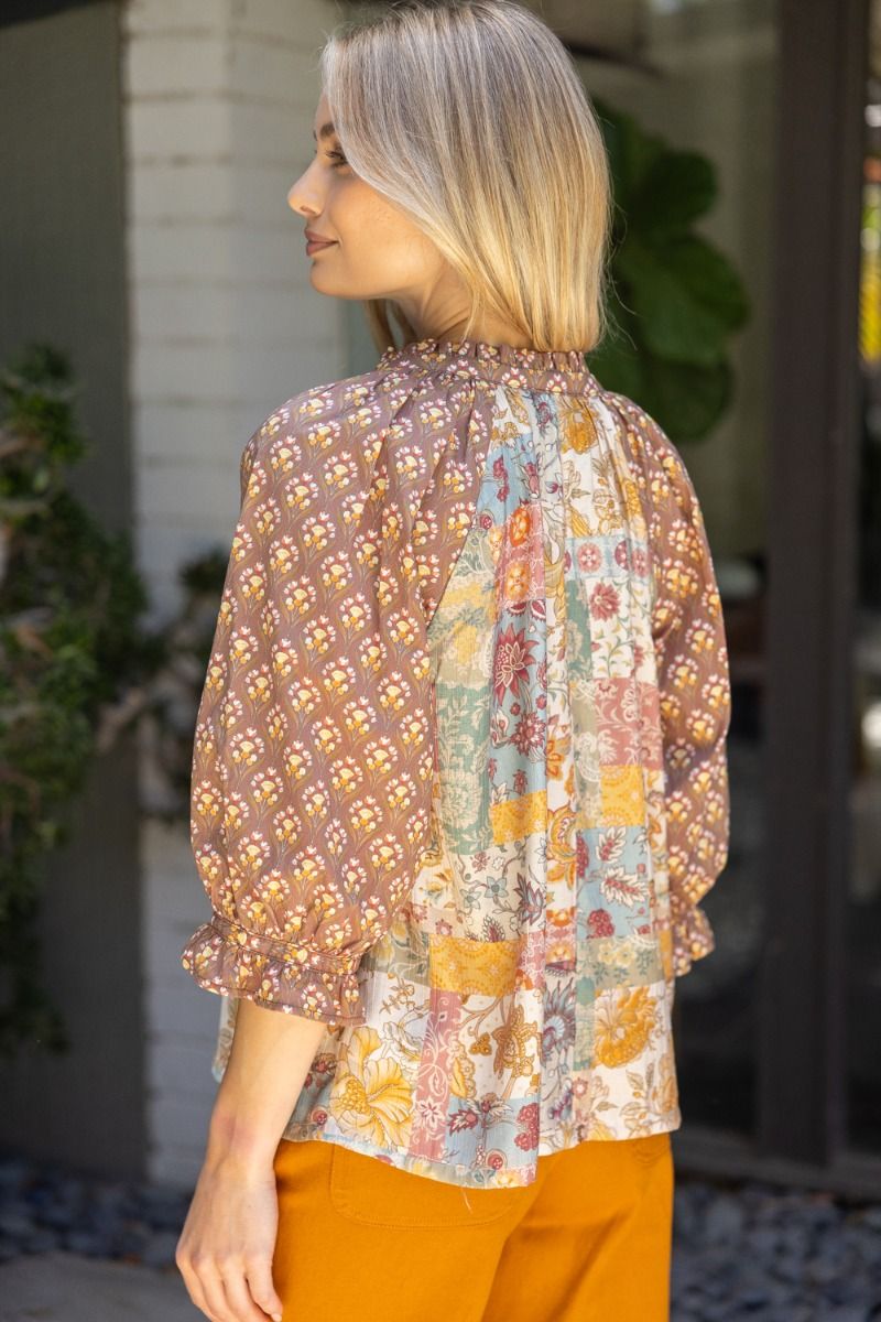 Mixed Print Ruffle Sleeve Raglan Top - Lush Lemon - Women's Clothing - Voy - 65217091035645