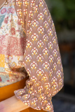Mixed Print Ruffle Sleeve Raglan Top - Lush Lemon - Women&