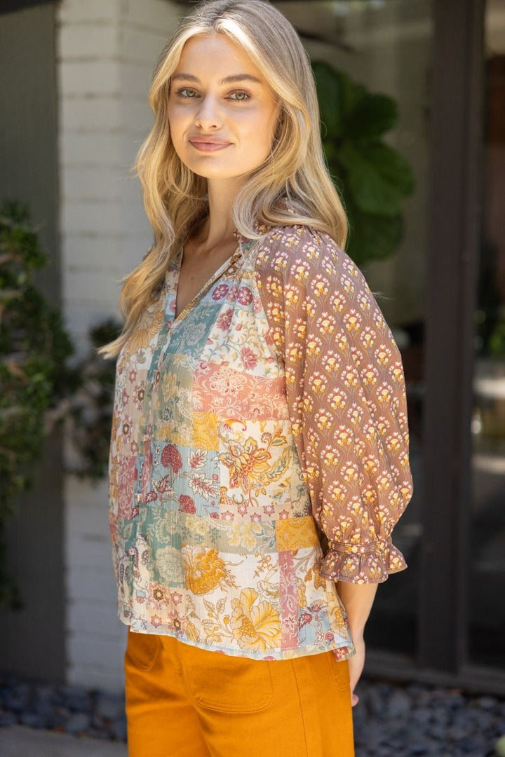Mixed Print Ruffle Sleeve Raglan Top - Lush Lemon - Women's Clothing - Voy - 65217091035645