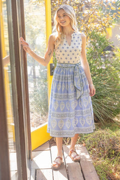 Mixed Print Tie Waist Midi Dress - Lush Lemon - Women&