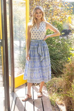 Mixed Print Tie Waist Midi Dress - Lush Lemon - Women&
