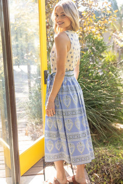 Mixed Print Tie Waist Midi Dress - Lush Lemon - Women&