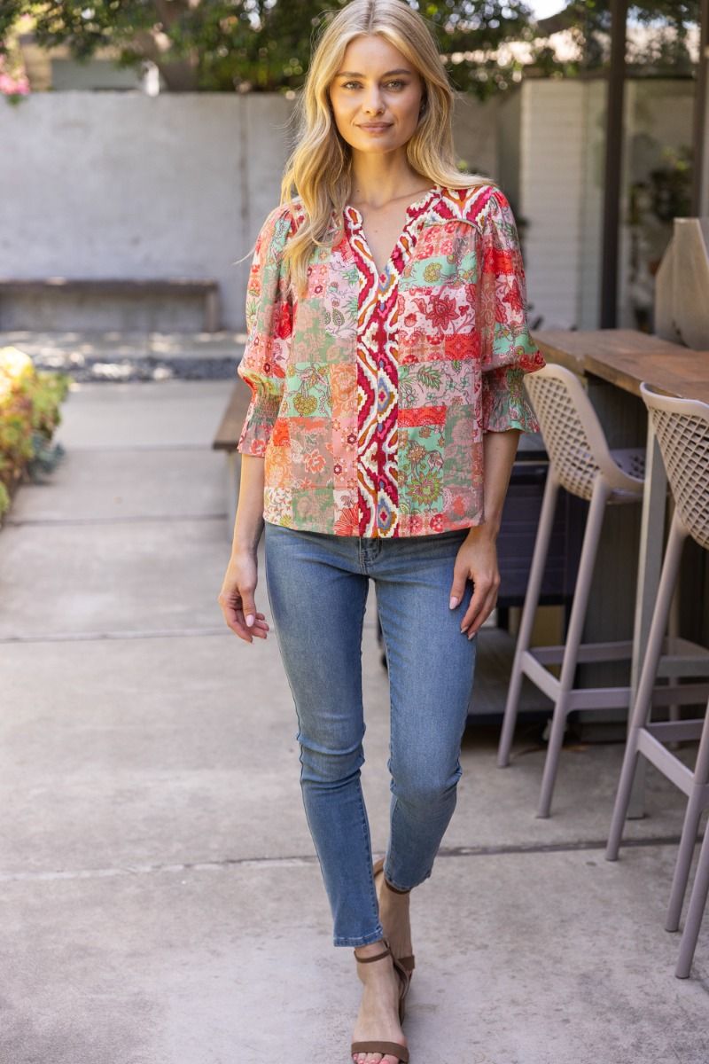 Mixed Print Top W/Piping Detail - Lush Lemon - Women's Clothing - Voy - 48999641016541