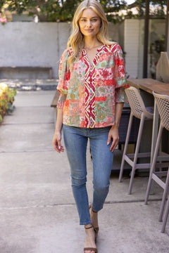 Mixed Print Top W/Piping Detail - Lush Lemon - Women&