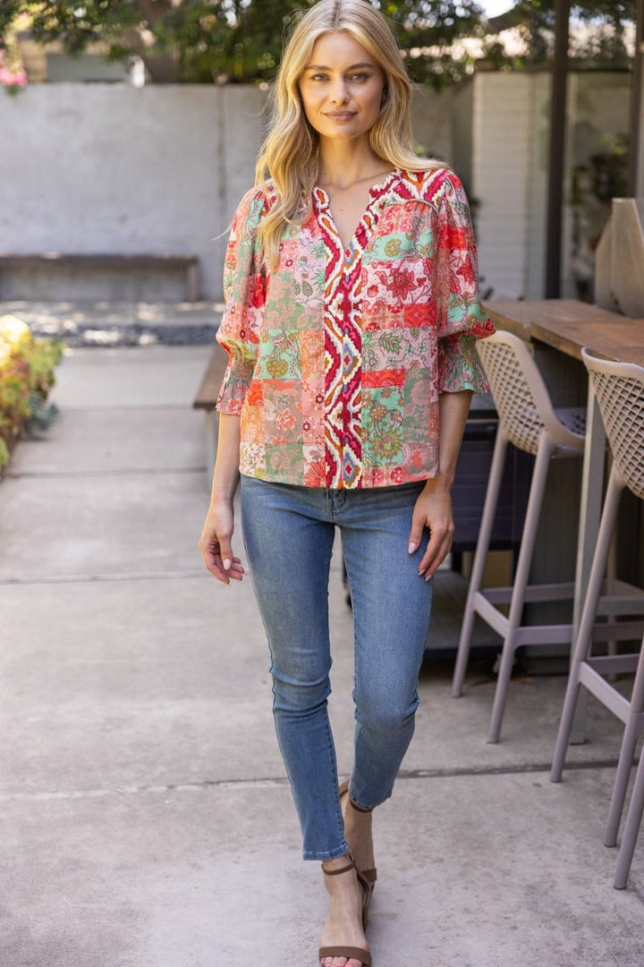 Mixed Print Top W/Piping Detail - Lush Lemon - Women's Clothing - Voy - 48999641016541