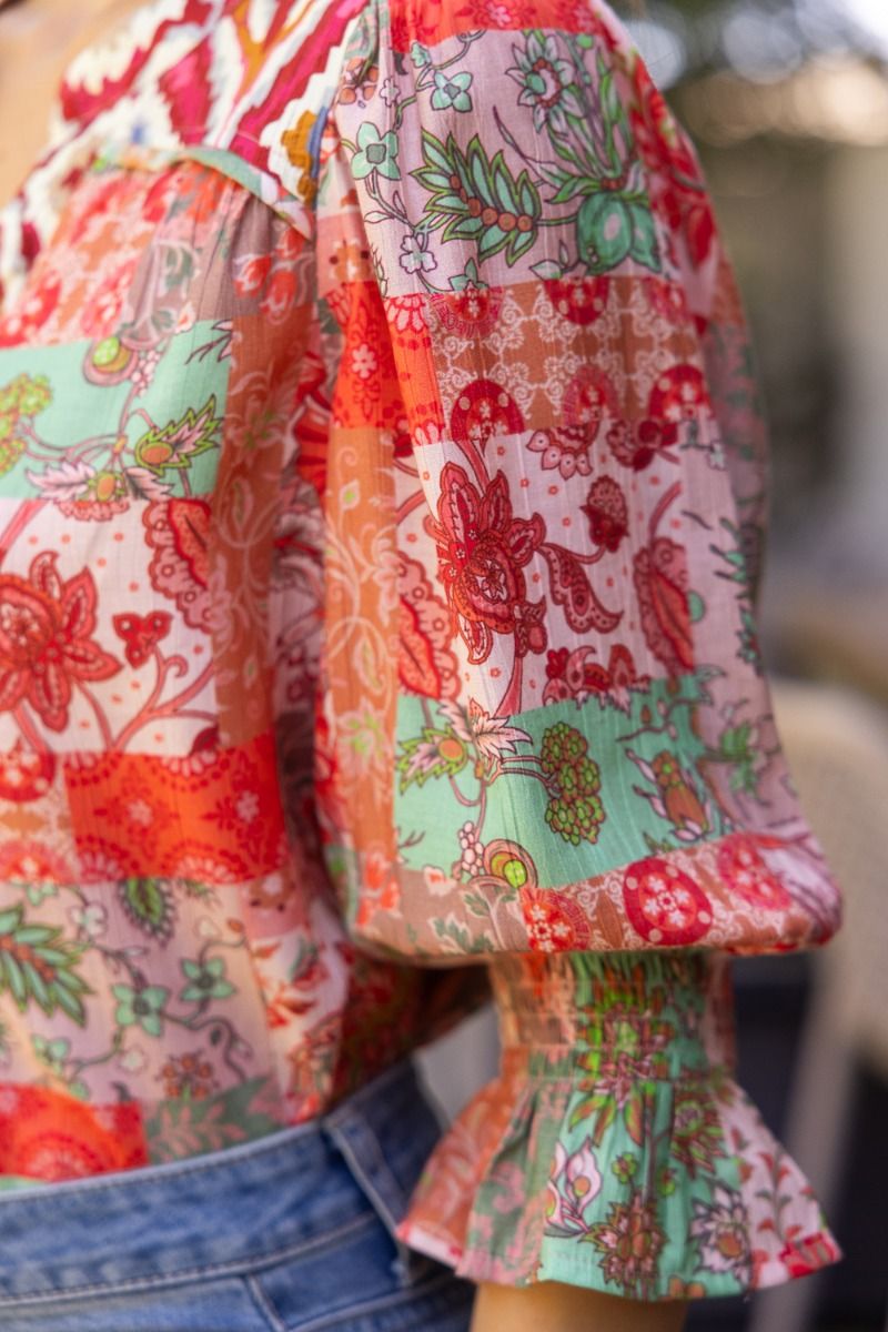 Mixed Print Top W/Piping Detail - Voy - Lush Lemon