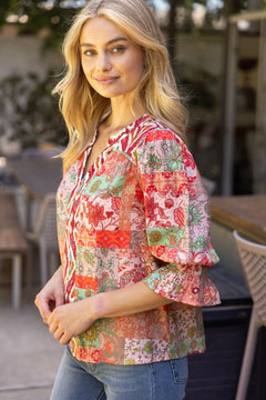 Mixed Print Top W/Piping Detail - Lush Lemon - Women&