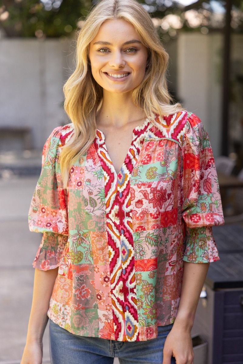 Mixed Print Top W/Piping Detail - Lush Lemon - Women's Clothing - Voy - 48999641016541