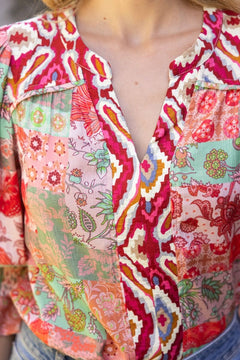 Mixed Print Top W/Piping Detail - Lush Lemon - Women&