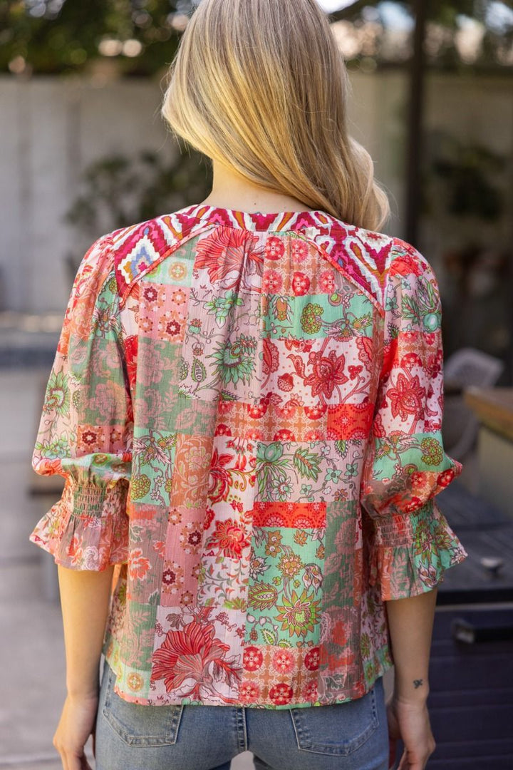 Mixed Print Top W/Piping Detail - Lush Lemon - Women's Clothing - Voy - 48999641016541